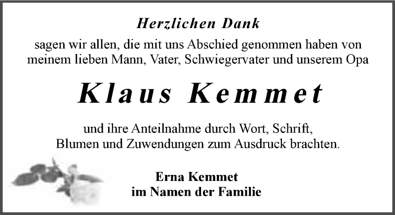  Traueranzeige für Klaus Kemmet vom 19.03.2016 aus 
