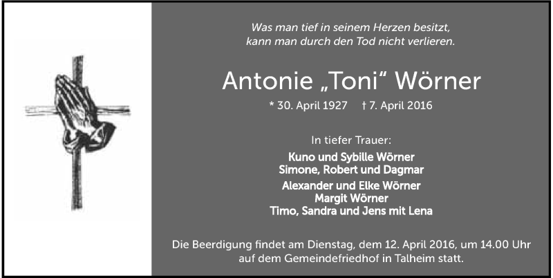  Traueranzeige für Antonie Wörner vom 08.04.2016 aus 