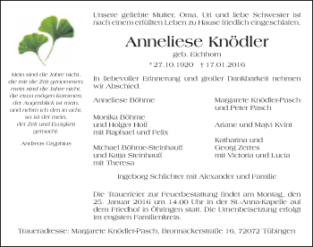 Traueranzeige von Anneliese Knödler 