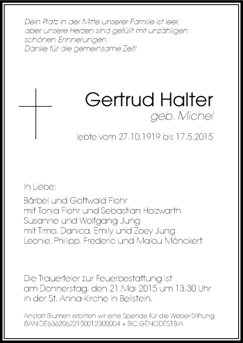 Traueranzeige von Gertrud Halter 