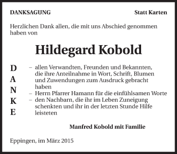 Traueranzeige von Hildegard Kobold 