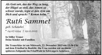 Traueranzeige von Ruth Sammet 
