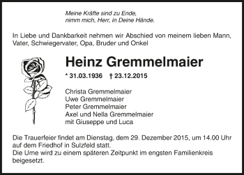 Traueranzeige von Heinz Gremmelmaier 