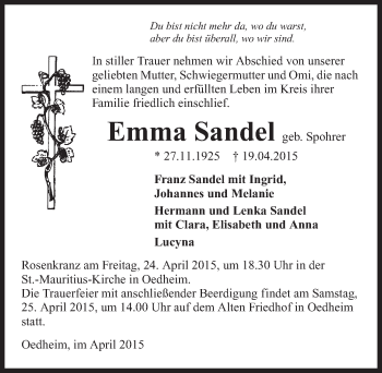 Traueranzeige von Emma Sandel 