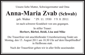 Traueranzeige von Anna-Maria Zvab 