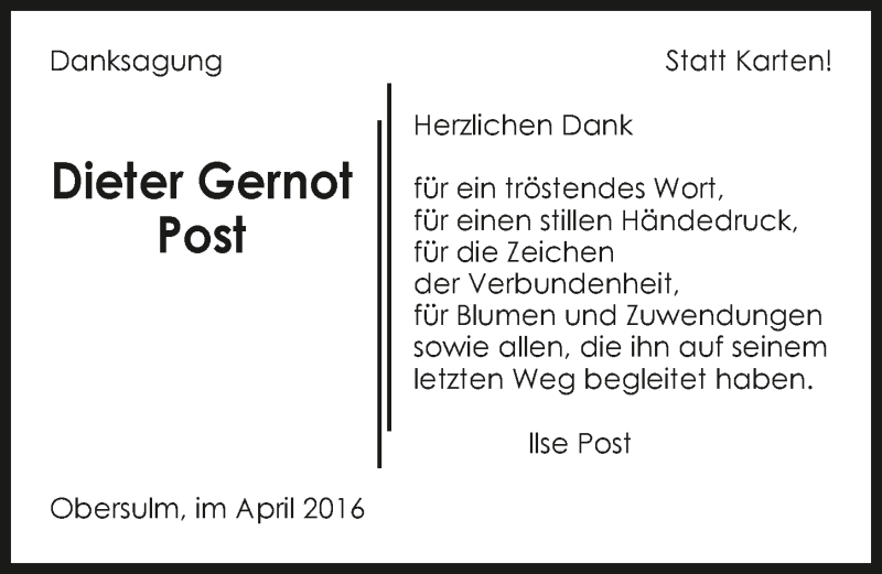  Traueranzeige für Dieter Gernot Post vom 06.04.2016 aus 