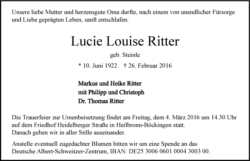  Traueranzeige für Lucie Louise Ritter vom 01.03.2016 aus 