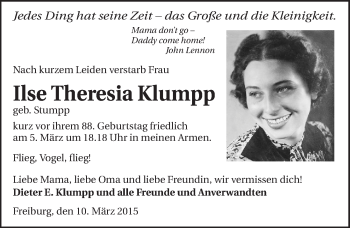 Traueranzeige von Ilse Theresia Klumpp 