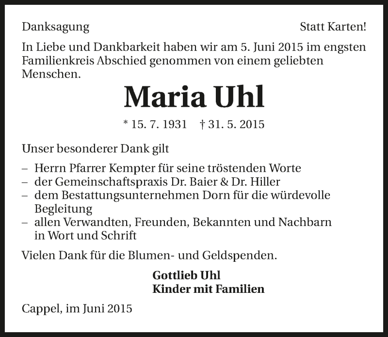  Traueranzeige für Maria Uhl vom 17.06.2015 aus 