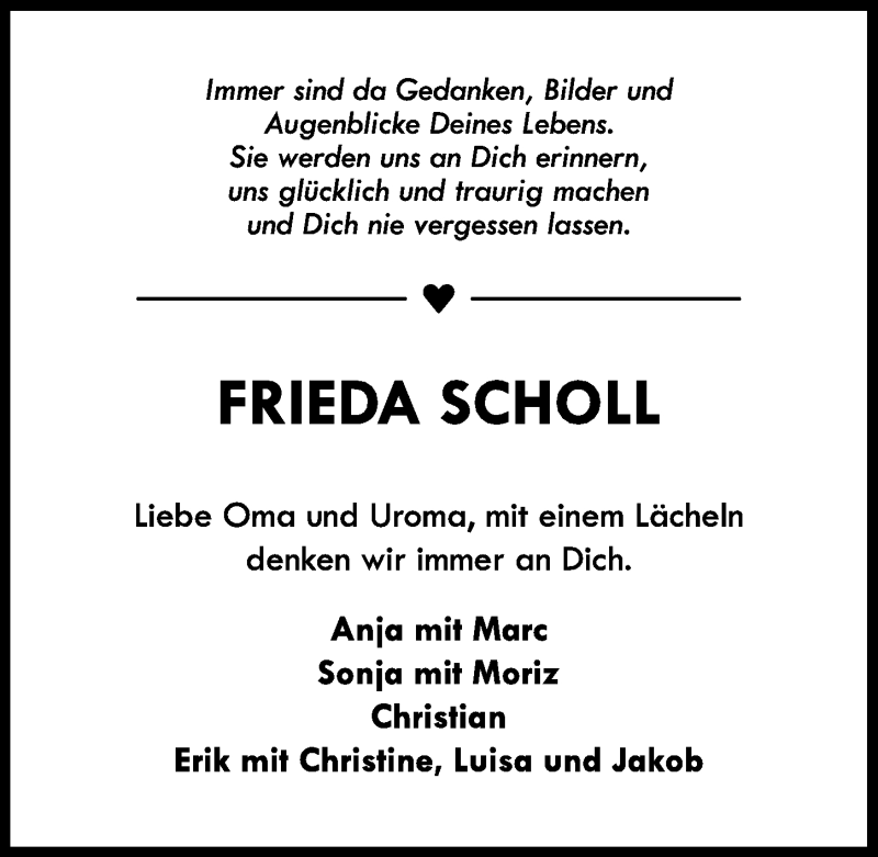  Traueranzeige für Frieda Scholl vom 10.10.2015 aus 