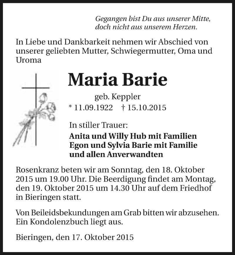 Traueranzeige für Maria Barie vom 17.10.2015 aus 