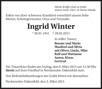 Traueranzeige von Ingrid Winter 