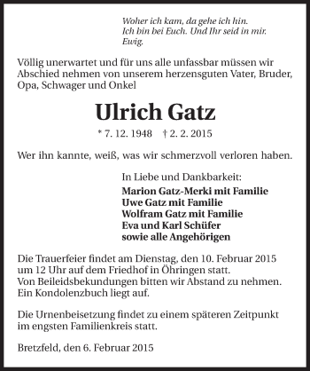 Traueranzeige von Ulrich Gatz 