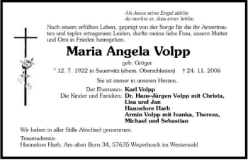 Traueranzeige von Maria Angela Volpp 