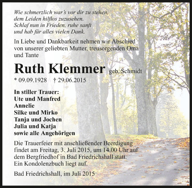  Traueranzeige für Ruth Klemmer vom 01.07.2015 aus 