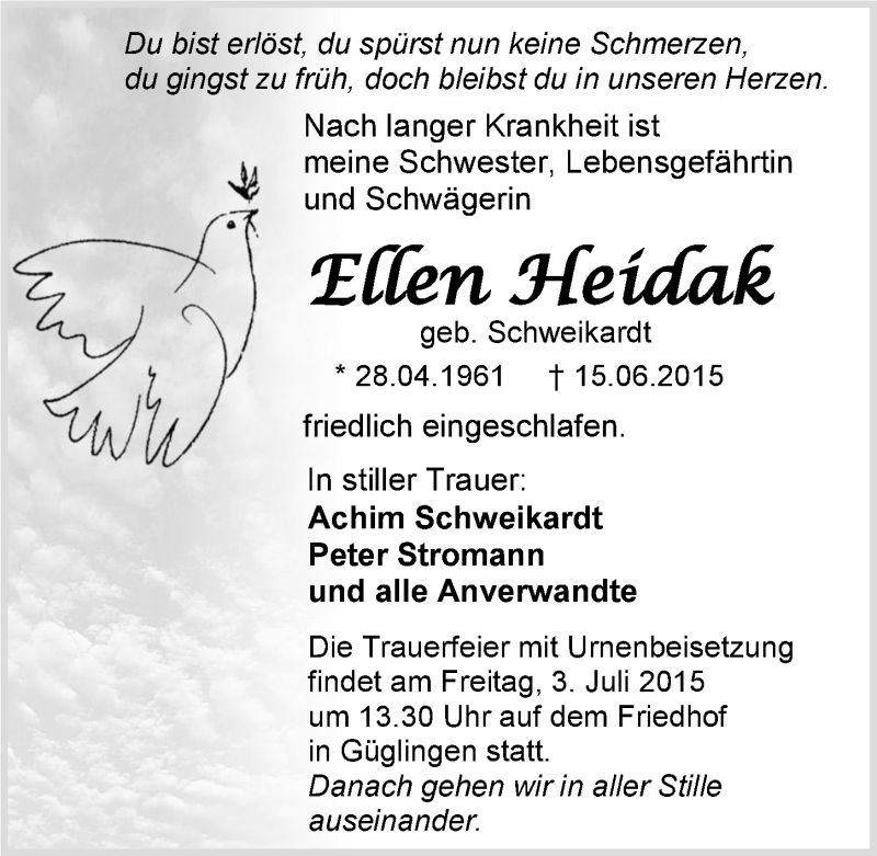  Traueranzeige für Ellen Heidak vom 27.06.2015 aus 