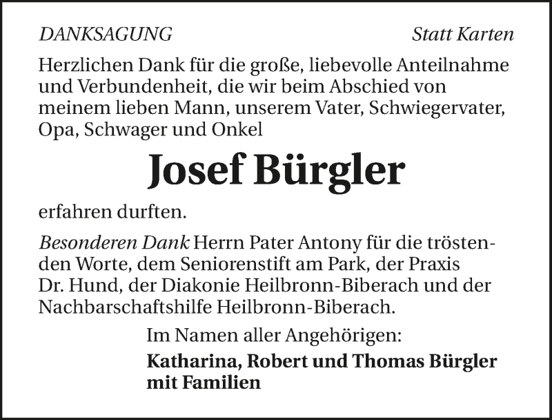  Traueranzeige für Josef Bürgler vom 07.11.2015 aus 