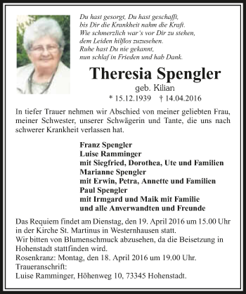 Traueranzeige von Theresia Spengler 