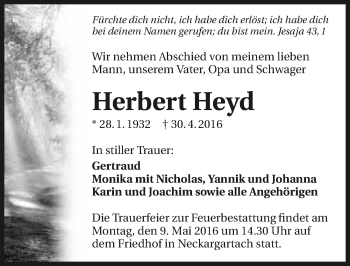 Traueranzeige von Herbert Heyd 