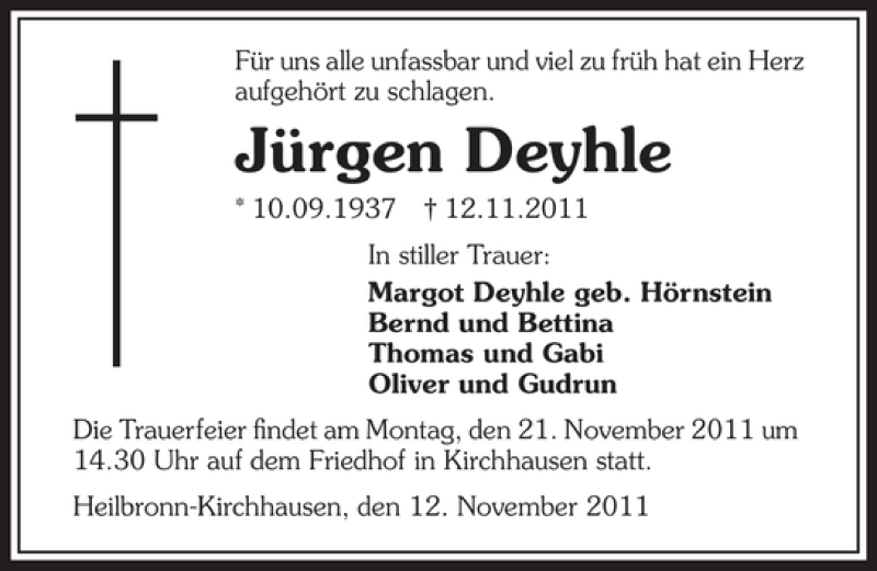  Traueranzeige für Jürgen Deyhle vom 18.11.2011 aus 
