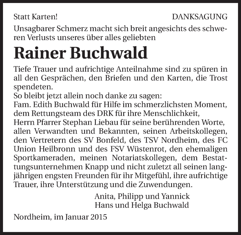  Traueranzeige für Rainer Buchwald vom 10.01.2015 aus 