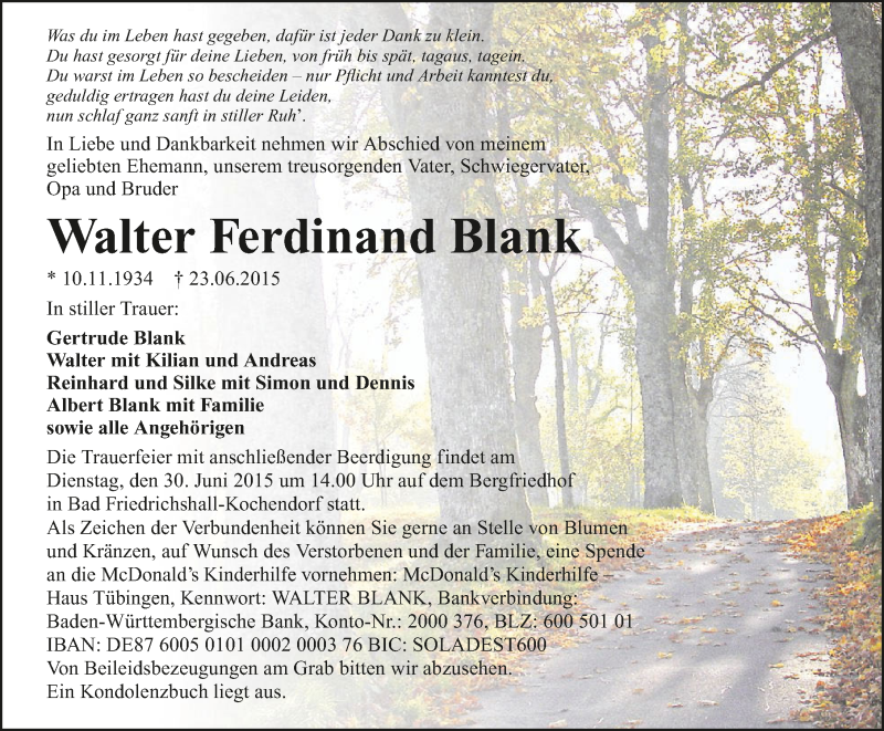  Traueranzeige für Walter Ferdinand Blank vom 27.06.2015 aus 