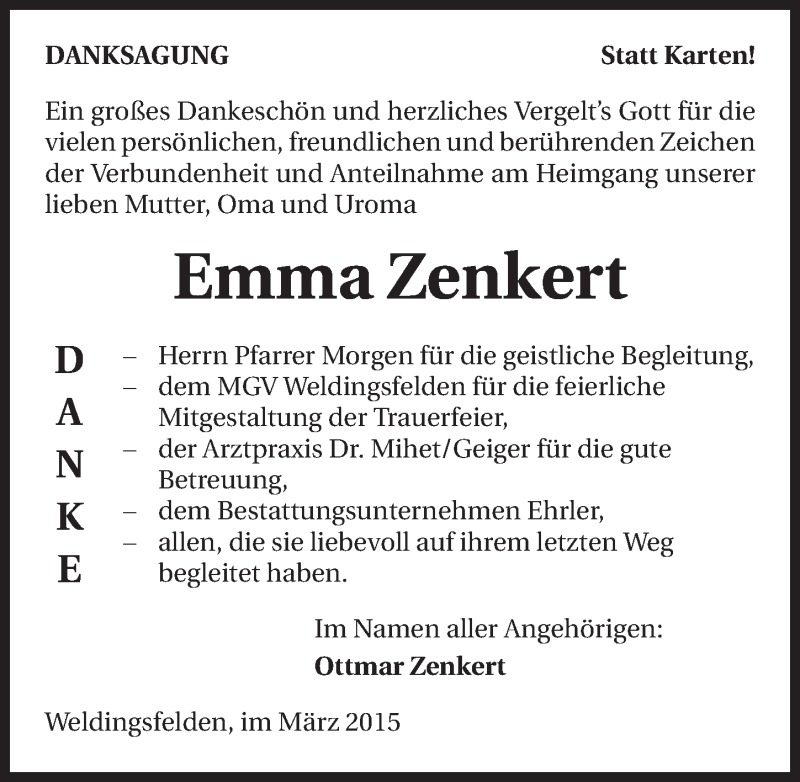  Traueranzeige für Emma Zenkert vom 31.03.2015 aus 