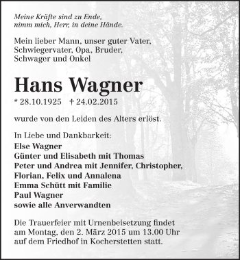 Traueranzeige von Hans Wagner 