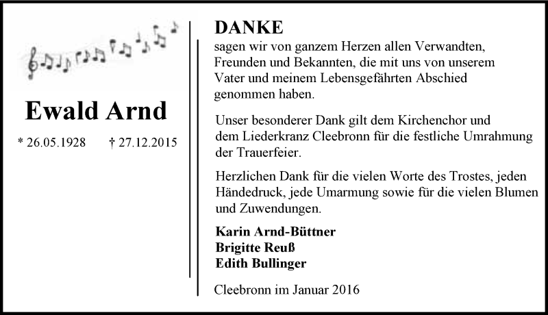  Traueranzeige für Ewald Arndt vom 23.01.2016 aus 