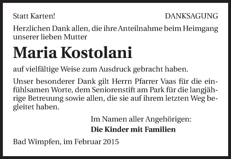  Traueranzeige für Maria Kostolani vom 05.02.2015 aus 
