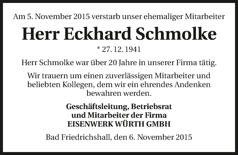  Traueranzeige für Eckhard Schmolke vom 09.11.2015 aus 