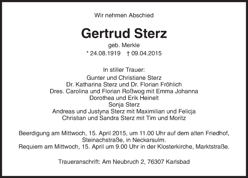  Traueranzeige für Gertrud Sterz vom 13.04.2015 aus 