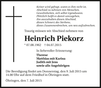 Traueranzeige von Heinrich Piekorz 