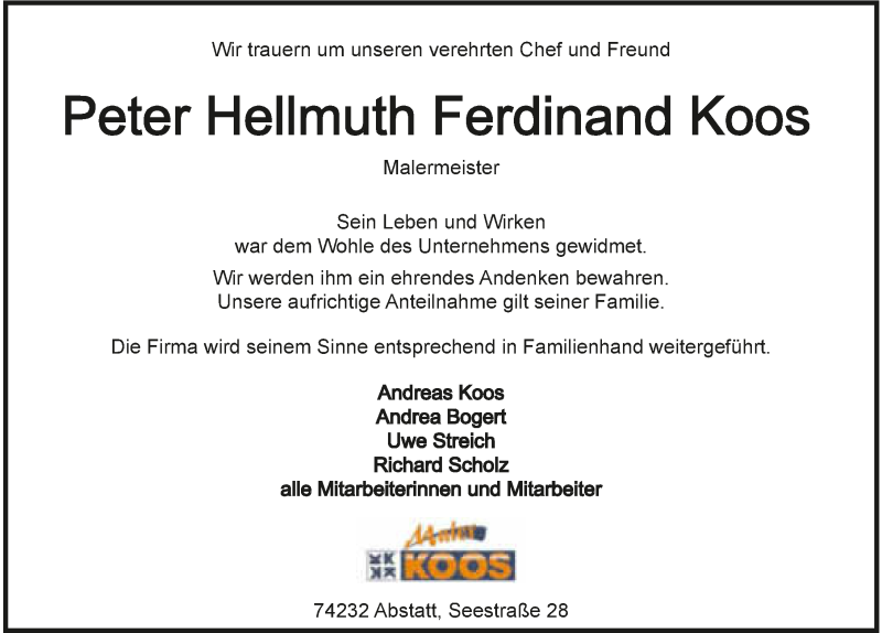  Traueranzeige für Peter Hellmuth Ferdinand Koos vom 02.01.2016 aus 