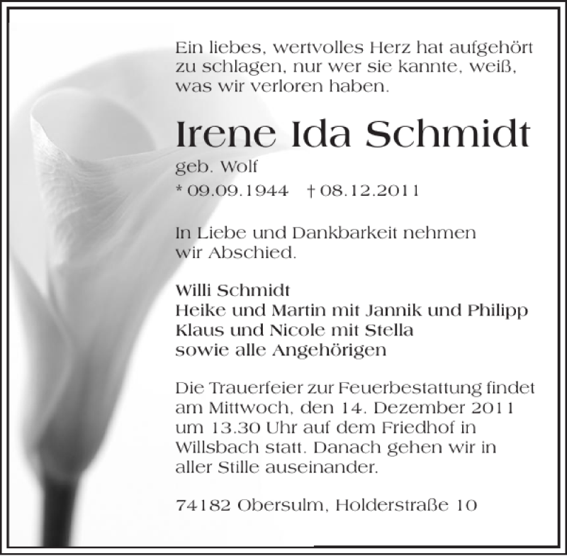  Traueranzeige für Irene Ida Schmidt vom 10.12.2011 aus 