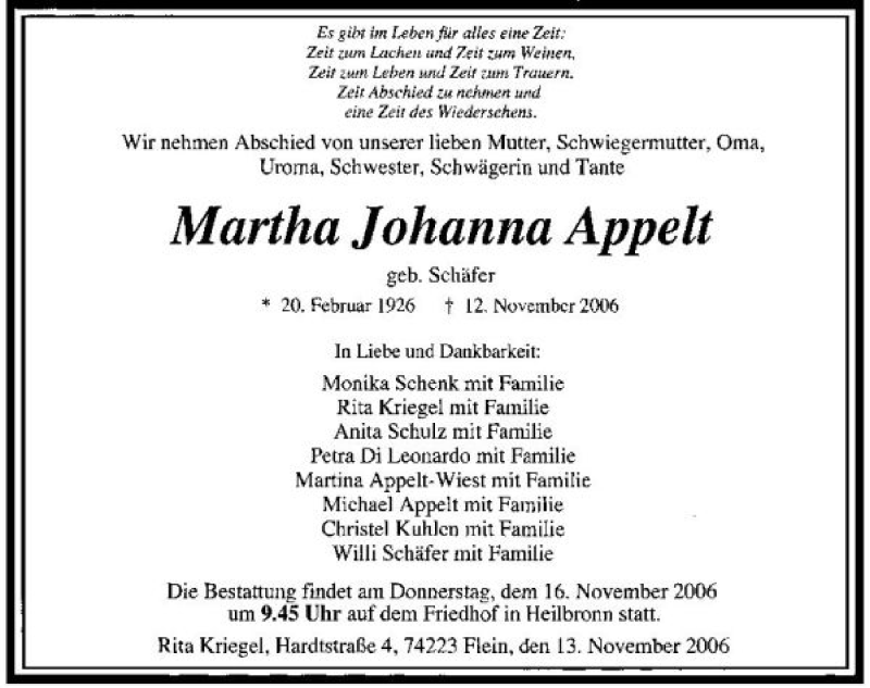  Traueranzeige für Martha Johanna Appelt vom 14.11.2006 aus 