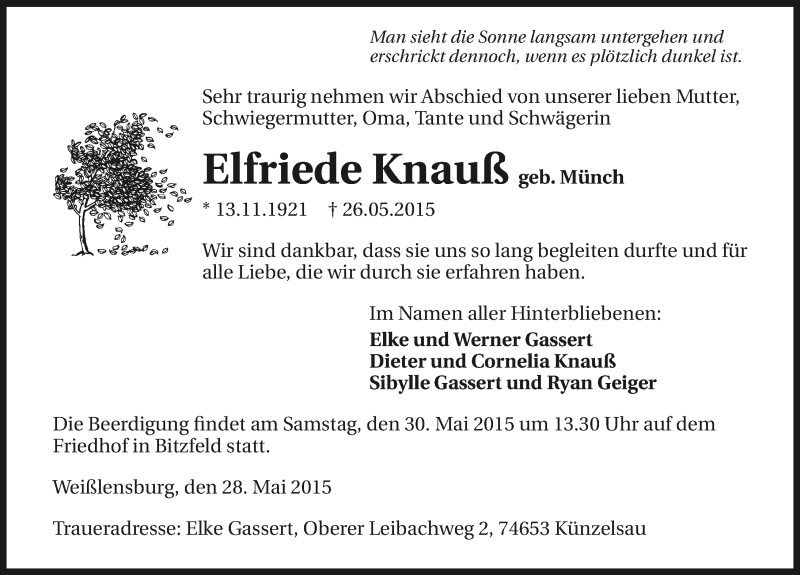  Traueranzeige für Elfriede Knauß vom 28.05.2015 aus 