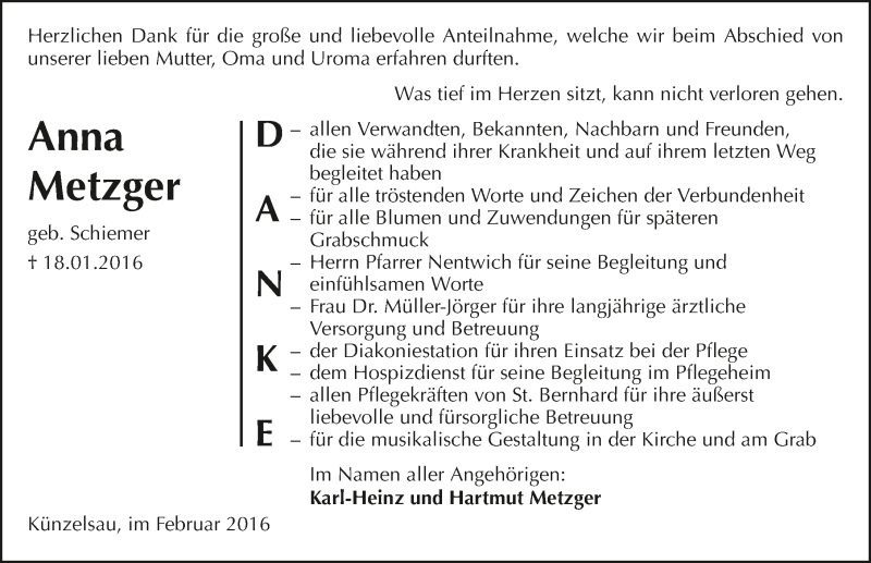  Traueranzeige für Anna Metzger vom 06.02.2016 aus 