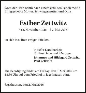 Traueranzeige von Esther Zettwitz 