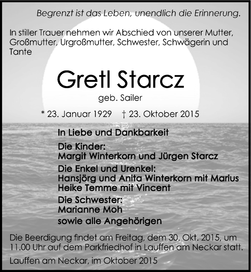  Traueranzeige für Gretl Starcz vom 28.10.2015 aus 