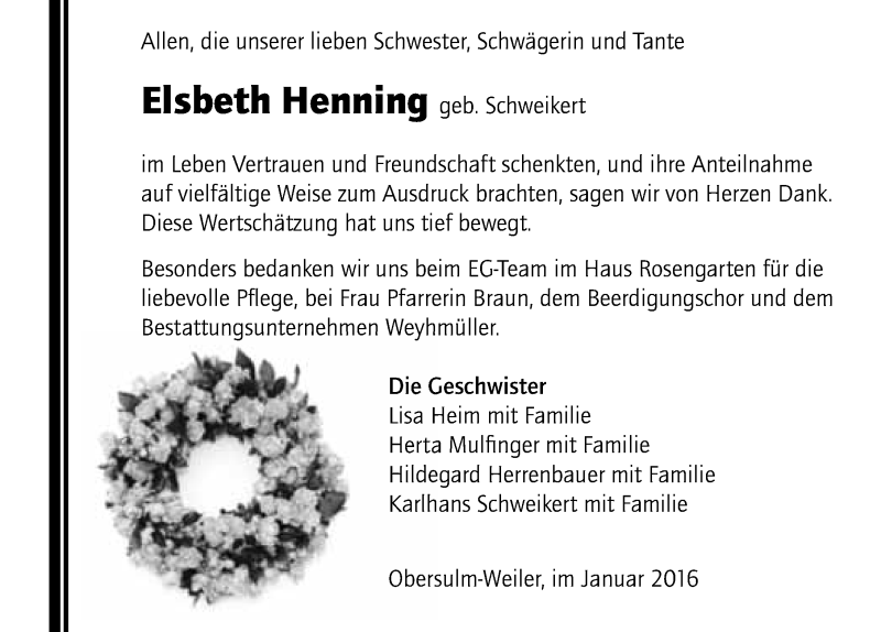  Traueranzeige für Elsbeth Henning vom 28.01.2016 aus 