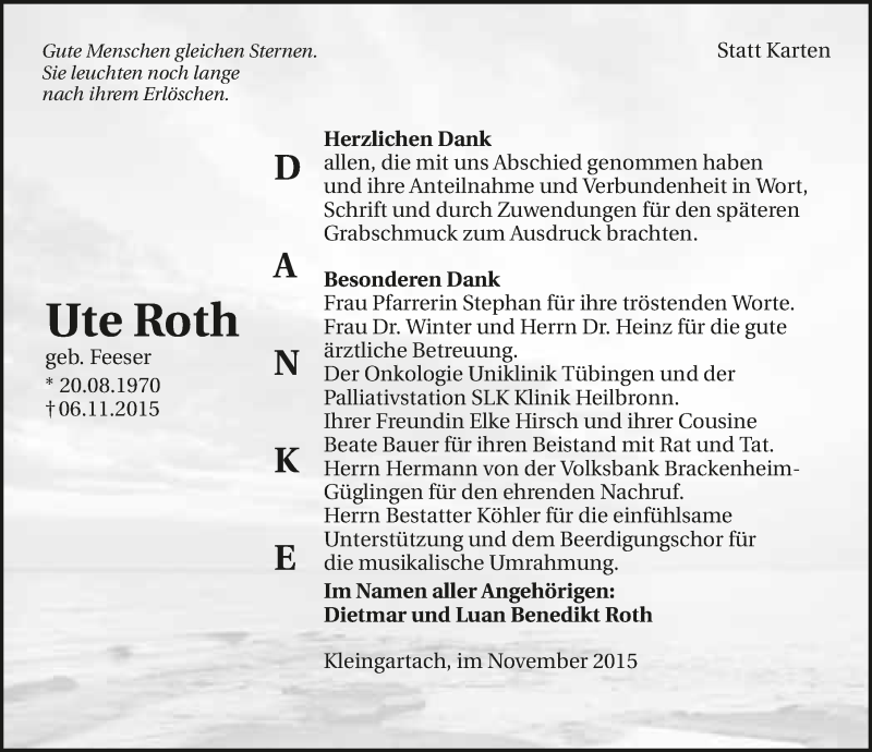  Traueranzeige für Ute Roth vom 28.11.2015 aus 