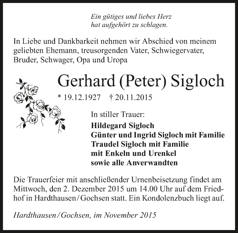  Traueranzeige für Gerhard Sigloch vom 25.11.2015 aus 
