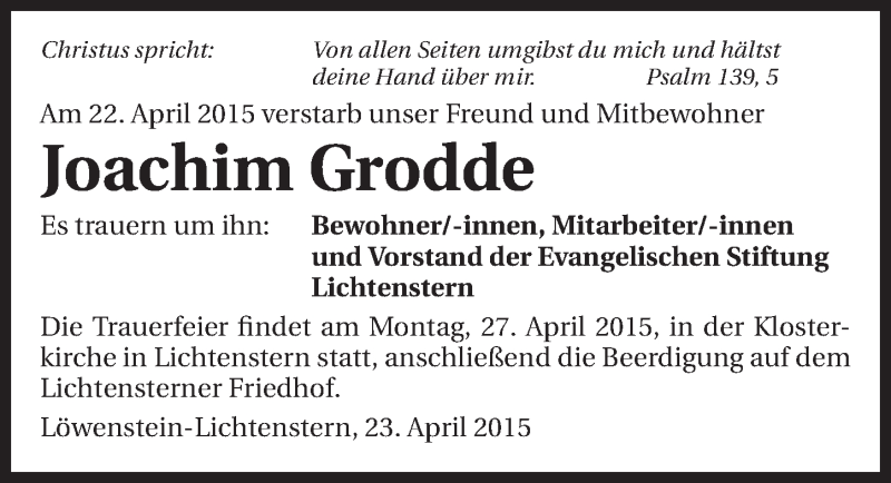  Traueranzeige für Joachim Grodde vom 24.04.2015 aus 