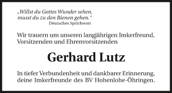 Traueranzeige von Gerhard Lutz 
