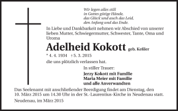 Traueranzeige von Adelheid Kokott 