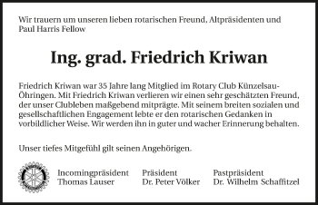 Traueranzeige von Friedrich Kriwan 