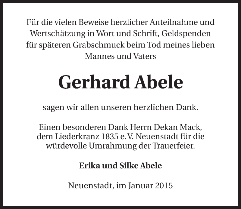  Traueranzeige für Gerhard Abele vom 17.01.2015 aus 