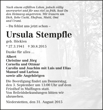 Traueranzeige von Ursula Stempfle 