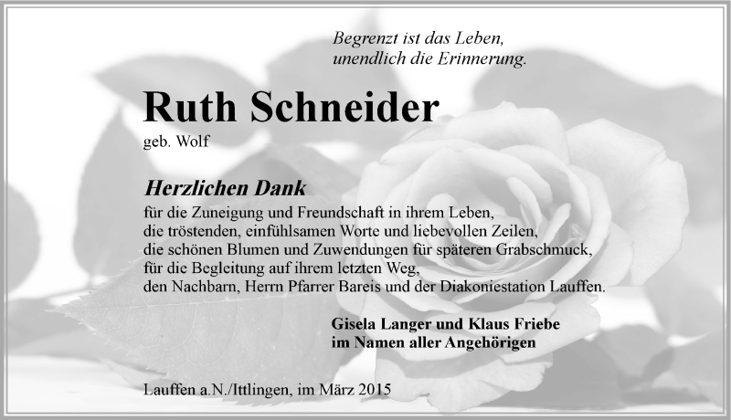  Traueranzeige für Ruth Schneider vom 09.03.2015 aus 